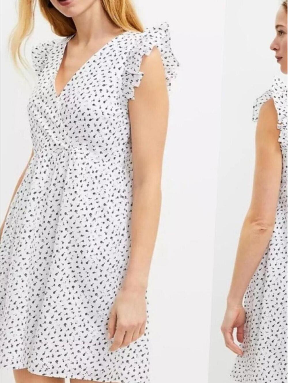 LOFT White Floral Print Ruffle Sleeve V-Neck Dress